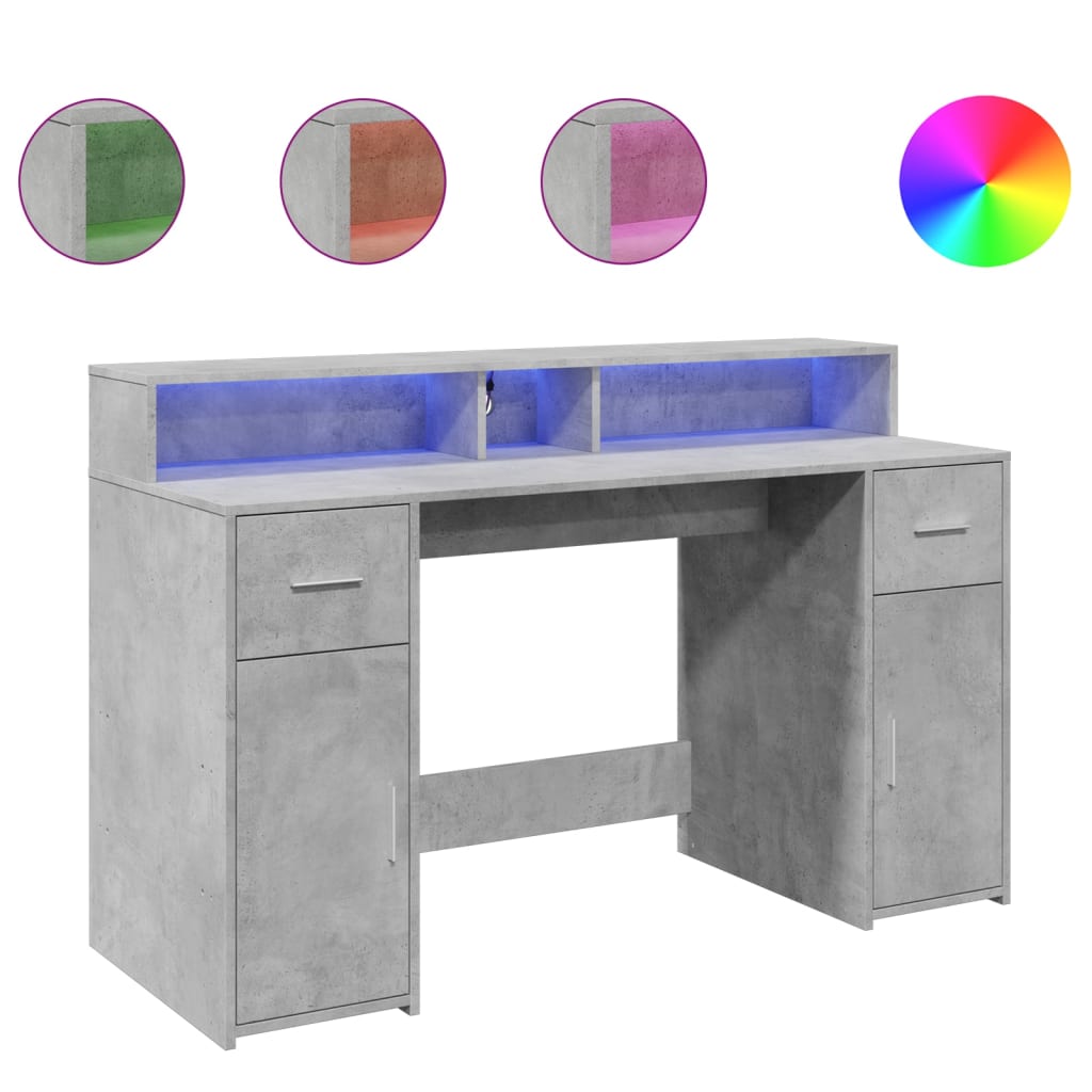 Bureau met LED-verlichting 140x55x91 cm bewerkt hout betongrijs is nu te koop bij PeponiXL, paradijselijk wonen!