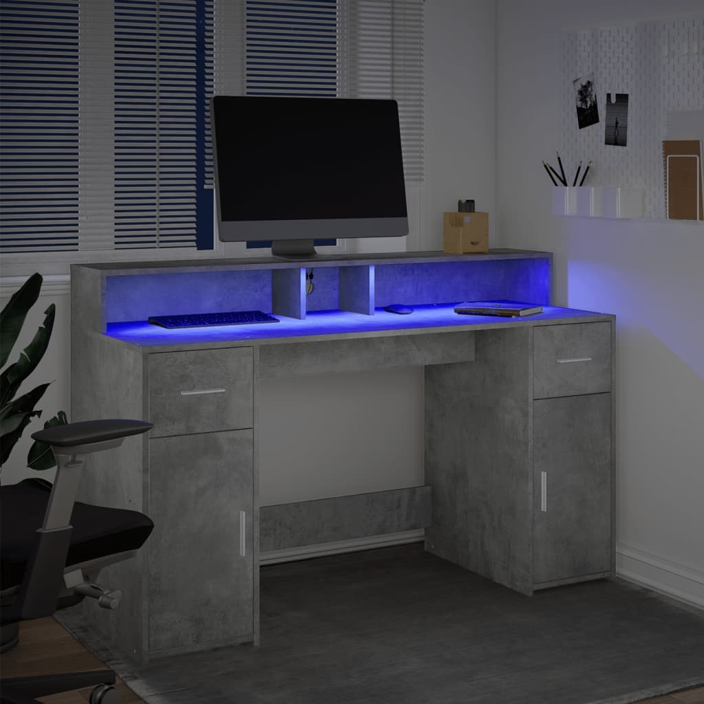Bureau met LED-verlichting 140x55x91 cm bewerkt hout betongrijs is nu te koop bij PeponiXL, paradijselijk wonen!