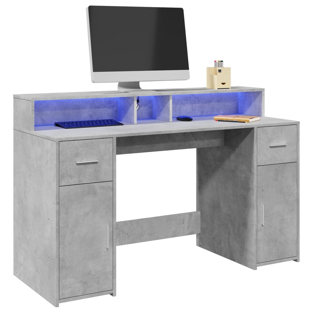 Bureau met LED-verlichting 140x55x91 cm bewerkt hout betongrijs is nu te koop bij PeponiXL, paradijselijk wonen!