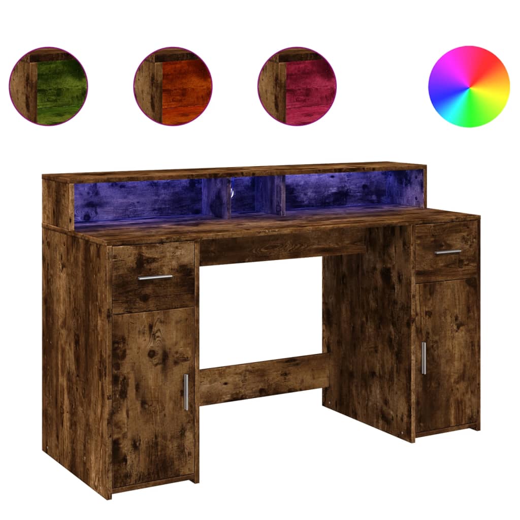 Bureau met LED-verlichting 140x55x91 cm hout gerookt eikenkleur is nu te koop bij PeponiXL, paradijselijk wonen!