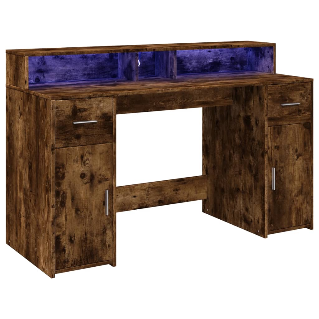 Bureau met LED-verlichting 140x55x91 cm hout gerookt eikenkleur is nu te koop bij PeponiXL, paradijselijk wonen!