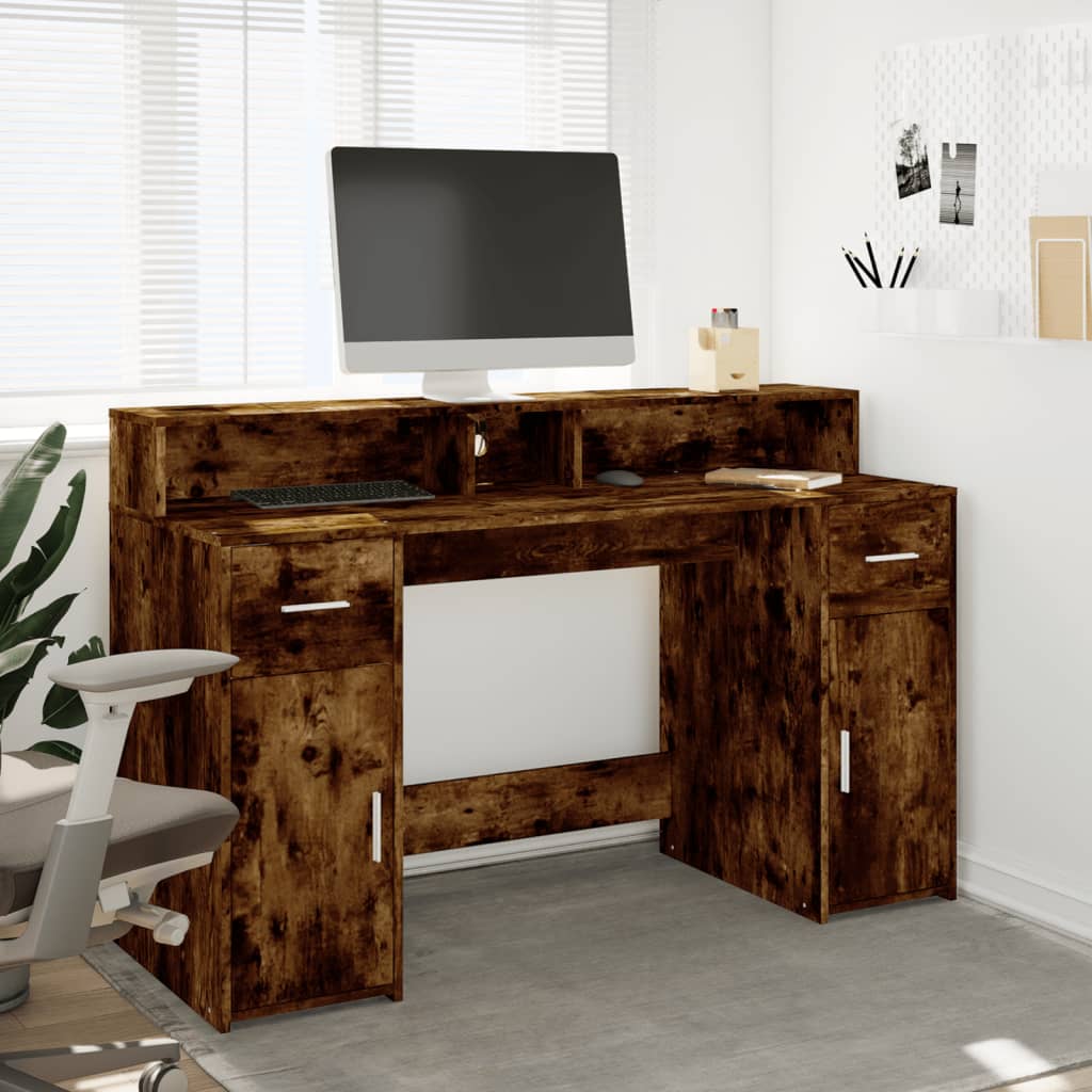 Bureau met LED-verlichting 140x55x91 cm hout gerookt eikenkleur is nu te koop bij PeponiXL, paradijselijk wonen!