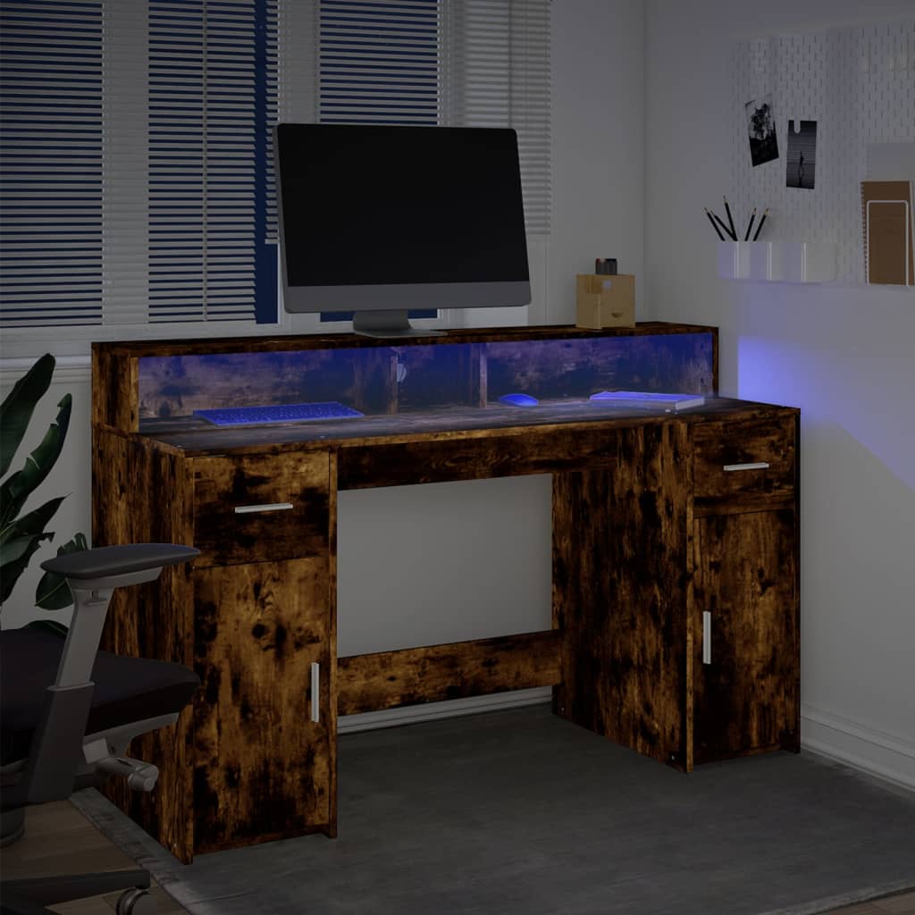 Bureau met LED-verlichting 140x55x91 cm hout gerookt eikenkleur is nu te koop bij PeponiXL, paradijselijk wonen!