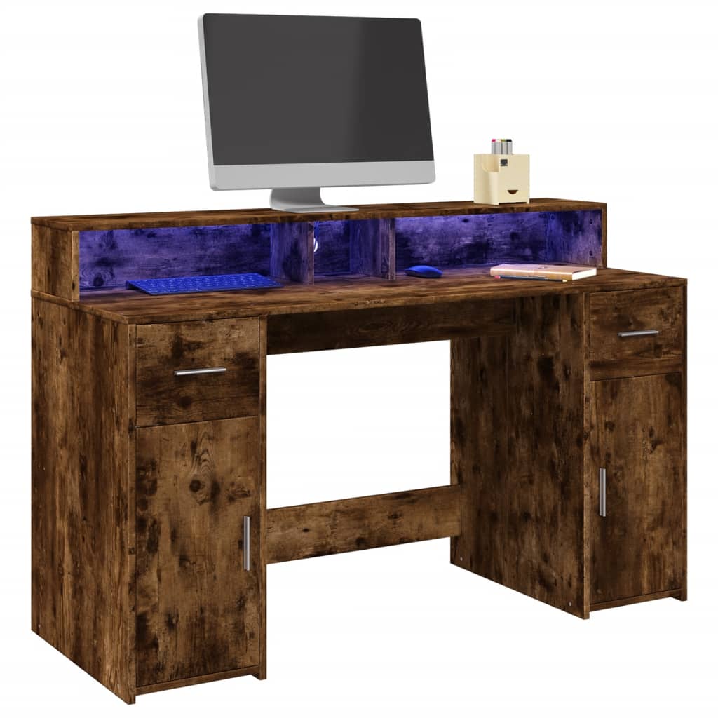 Bureau met LED-verlichting 140x55x91 cm hout gerookt eikenkleur is nu te koop bij PeponiXL, paradijselijk wonen!