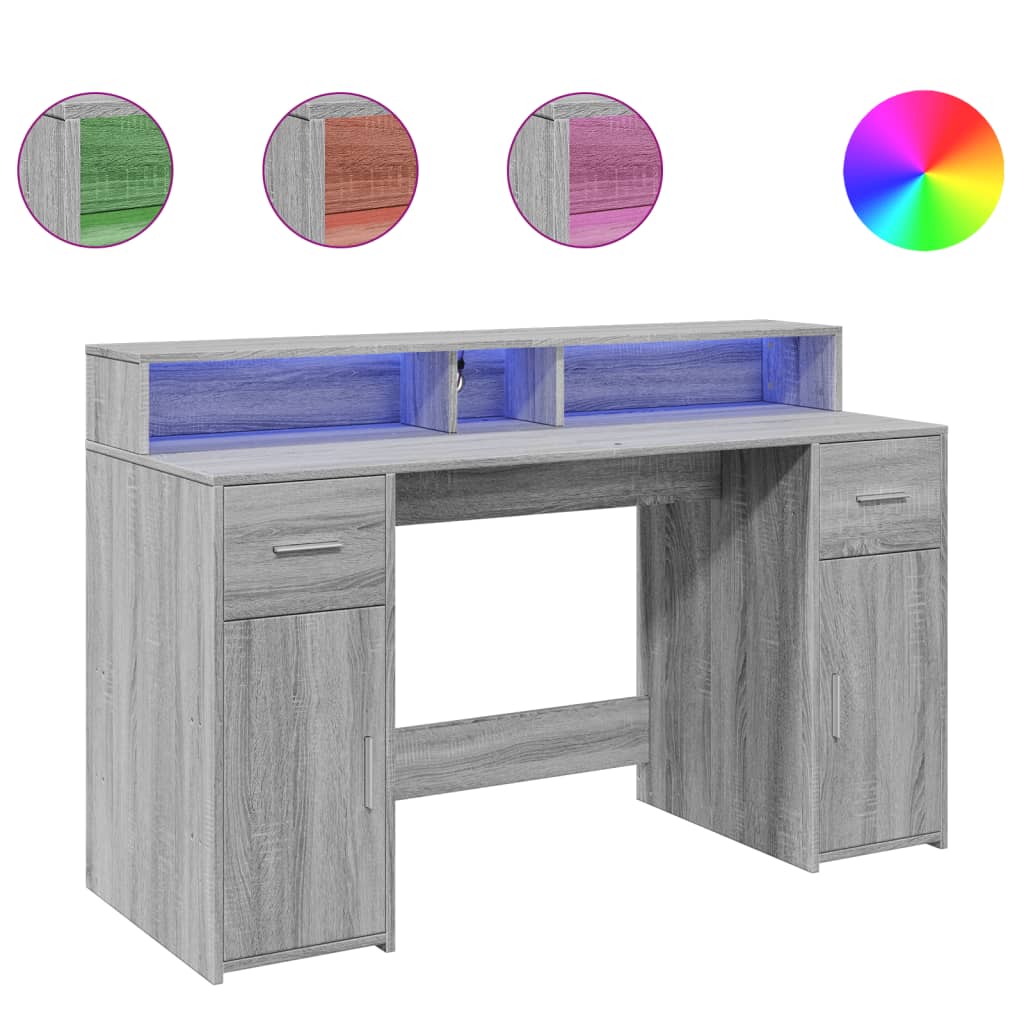 Bureau met LED-verlichting 140x55x91 cm hout grijs sonoma eiken is nu te koop bij PeponiXL, paradijselijk wonen!