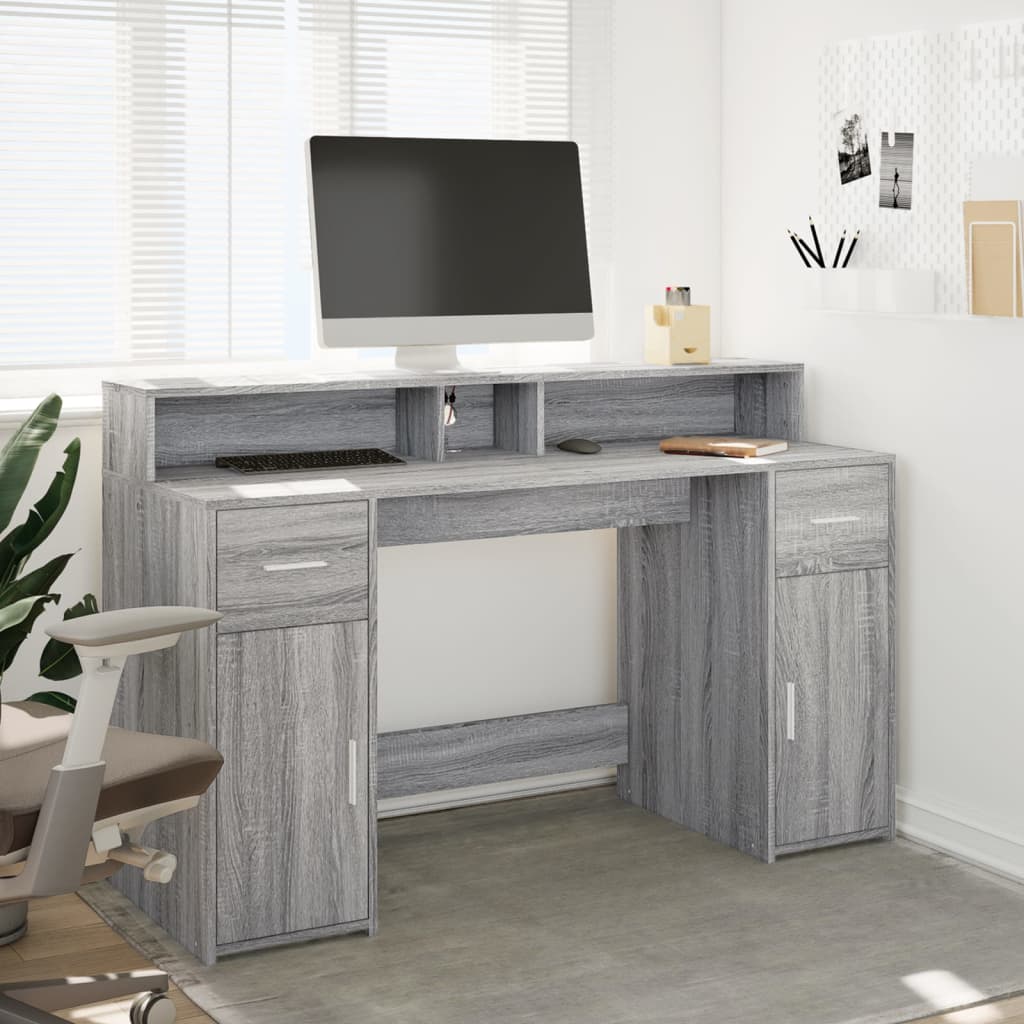 Bureau met LED-verlichting 140x55x91 cm hout grijs sonoma eiken is nu te koop bij PeponiXL, paradijselijk wonen!