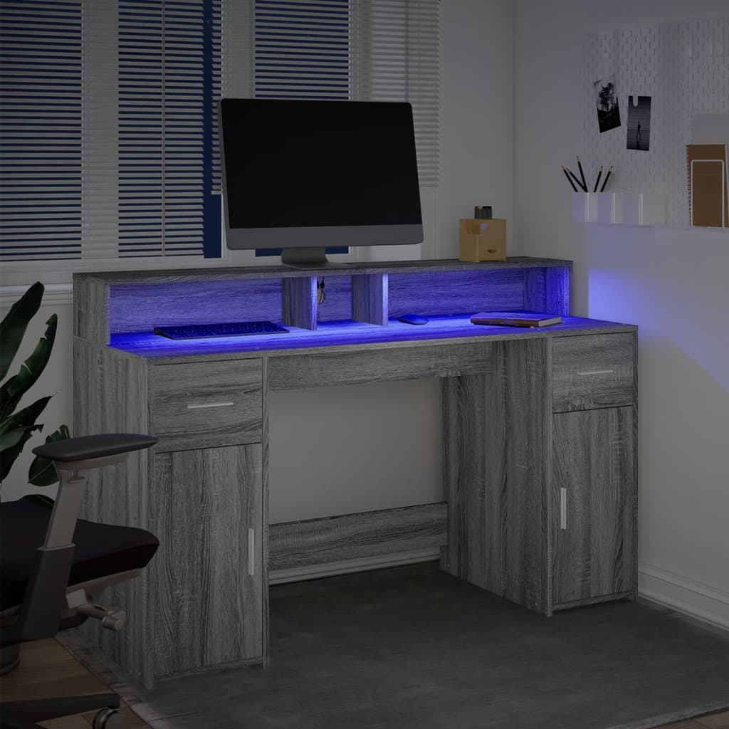Bureau met LED-verlichting 140x55x91 cm hout grijs sonoma eiken is nu te koop bij PeponiXL, paradijselijk wonen!