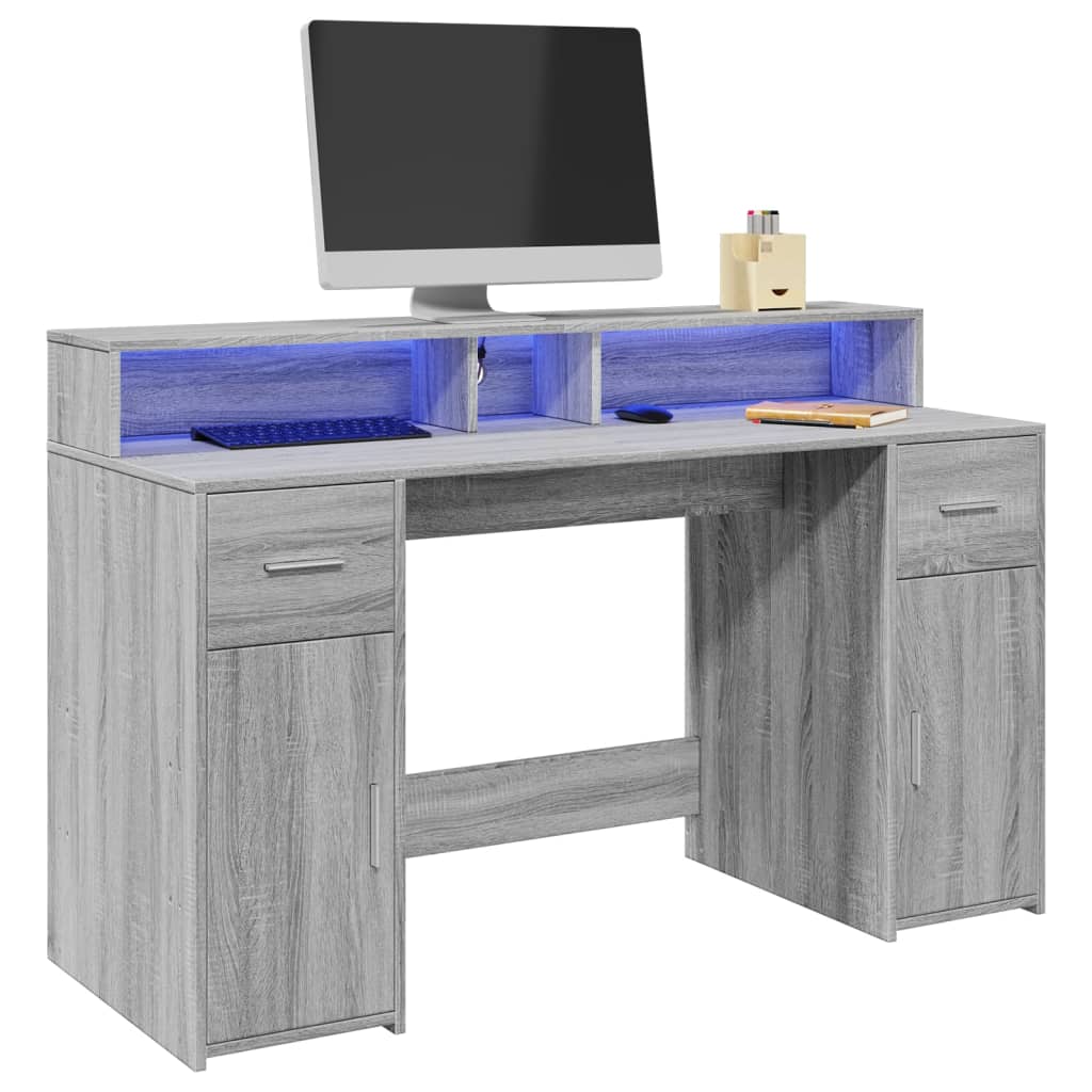 Bureau met LED-verlichting 140x55x91 cm hout grijs sonoma eiken is nu te koop bij PeponiXL, paradijselijk wonen!
