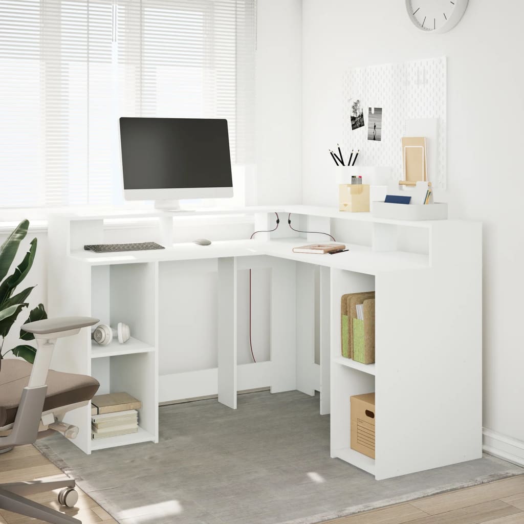Bureau met LED-verlichting 130x130x91 cm bewerkt hout wit is nu te koop bij PeponiXL, paradijselijk wonen!
