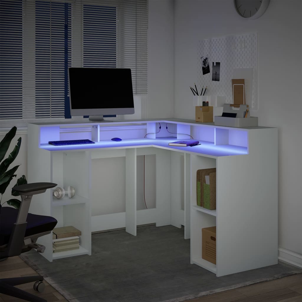 Bureau met LED-verlichting 130x130x91 cm bewerkt hout wit is nu te koop bij PeponiXL, paradijselijk wonen!