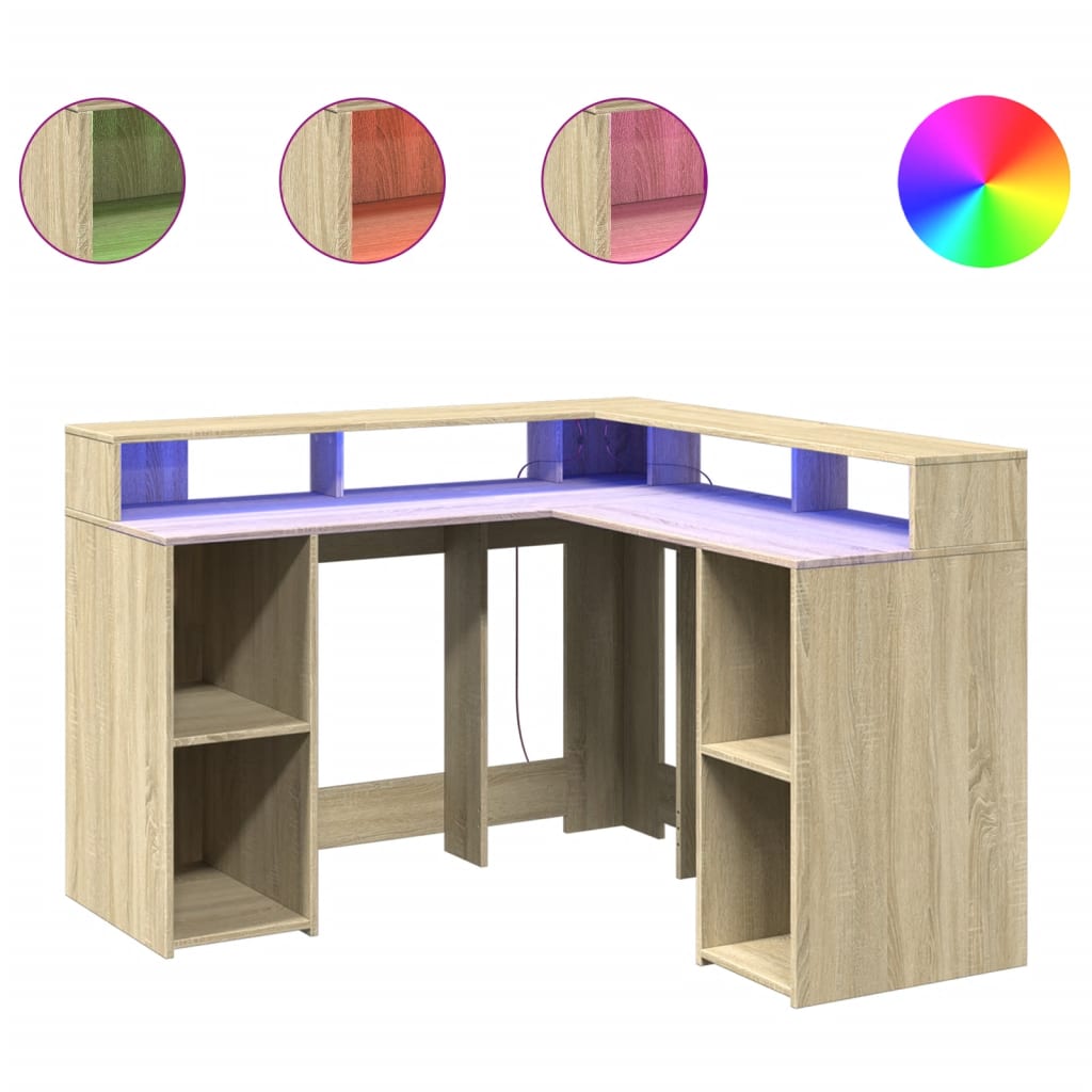Bureau met LED-verlichting 130x130x91 cm hout sonoma eikenkleur is nu te koop bij PeponiXL, paradijselijk wonen!