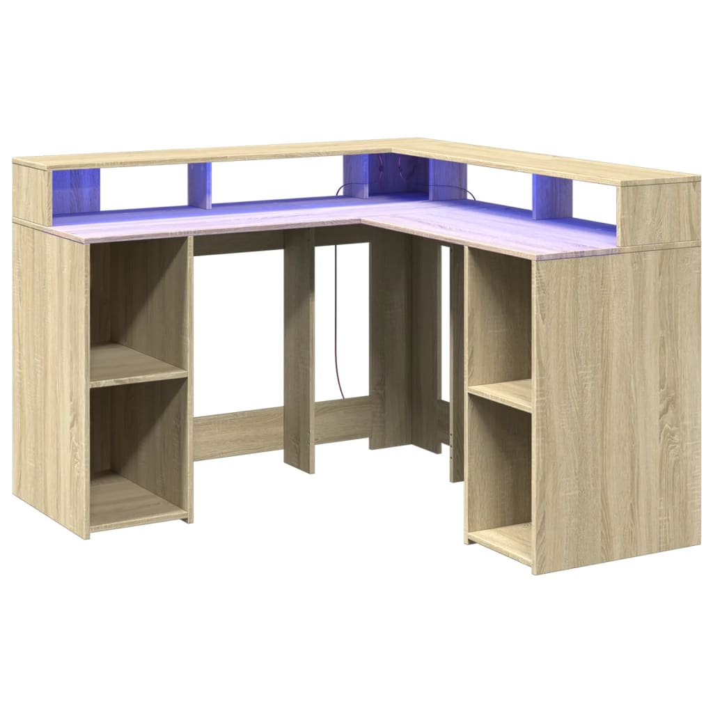 Bureau met LED-verlichting 130x130x91 cm hout sonoma eikenkleur is nu te koop bij PeponiXL, paradijselijk wonen!