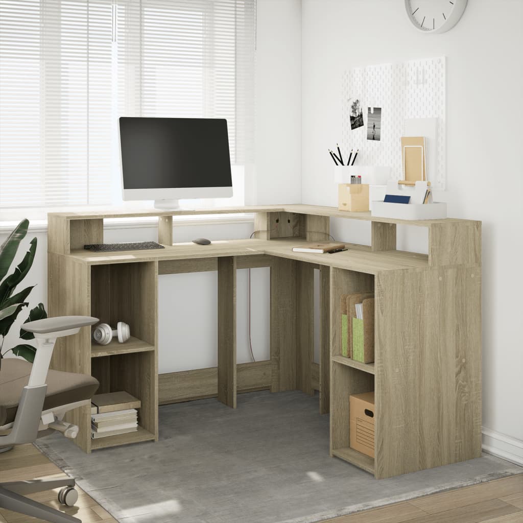 Bureau met LED-verlichting 130x130x91 cm hout sonoma eikenkleur is nu te koop bij PeponiXL, paradijselijk wonen!