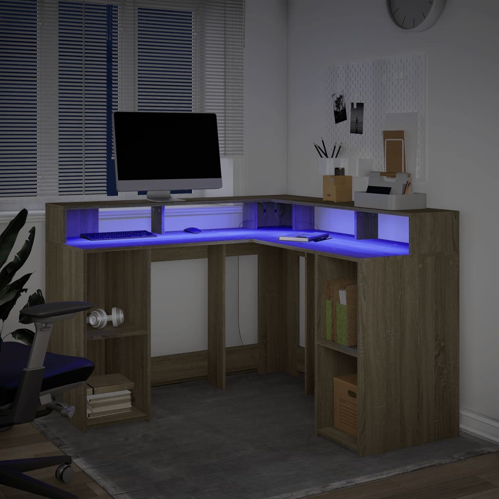 Bureau met LED-verlichting 130x130x91 cm hout sonoma eikenkleur is nu te koop bij PeponiXL, paradijselijk wonen!