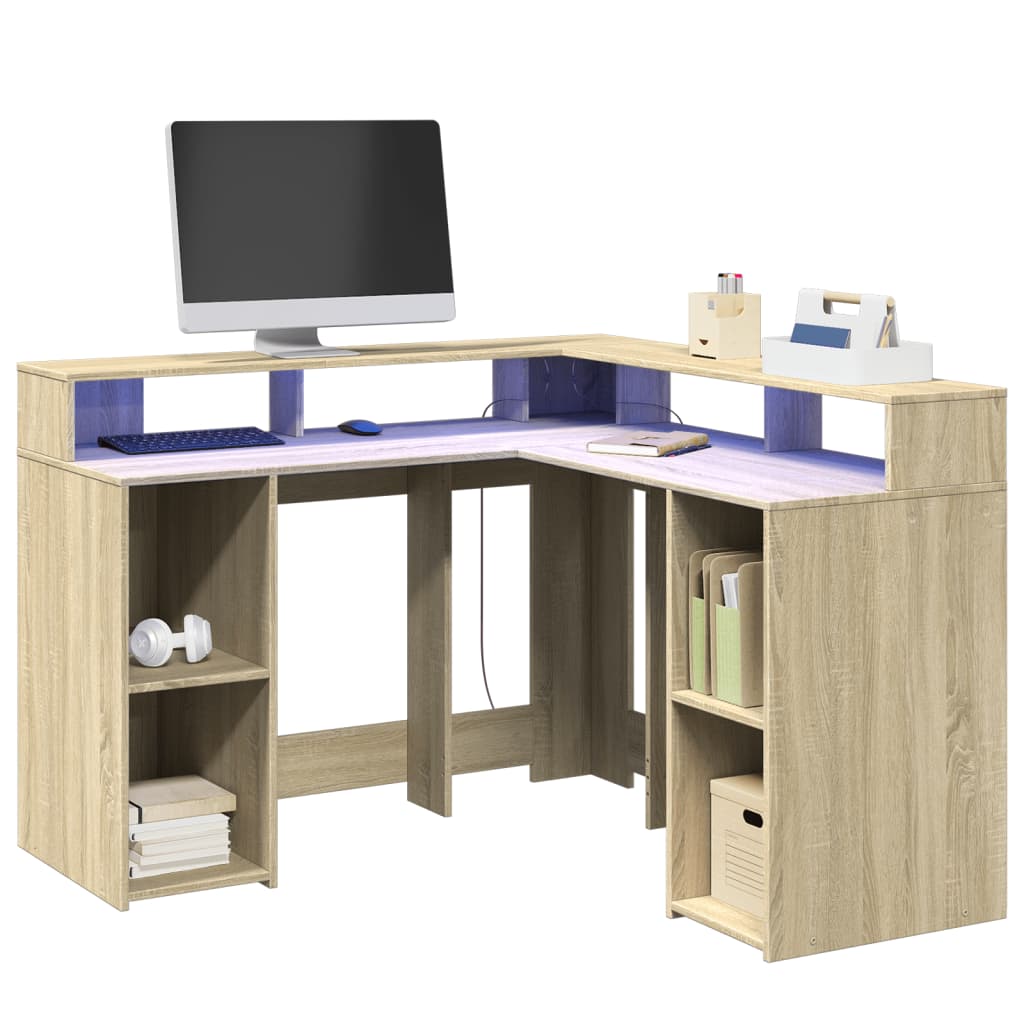 Bureau met LED-verlichting 130x130x91 cm hout sonoma eikenkleur is nu te koop bij PeponiXL, paradijselijk wonen!