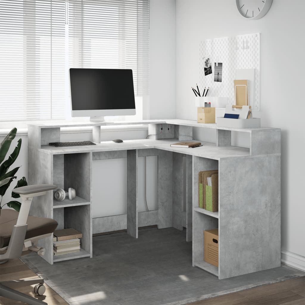 Bureau met LED-verlichting 130x130x91 cm hout betongrijs is nu te koop bij PeponiXL, paradijselijk wonen!