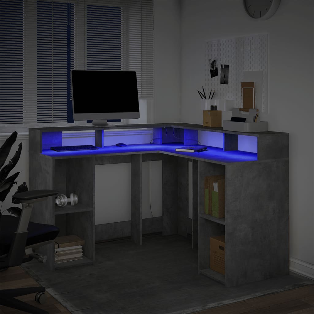 Bureau met LED-verlichting 130x130x91 cm hout betongrijs is nu te koop bij PeponiXL, paradijselijk wonen!