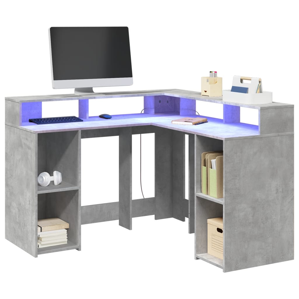 Bureau met LED-verlichting 130x130x91 cm hout betongrijs is nu te koop bij PeponiXL, paradijselijk wonen!