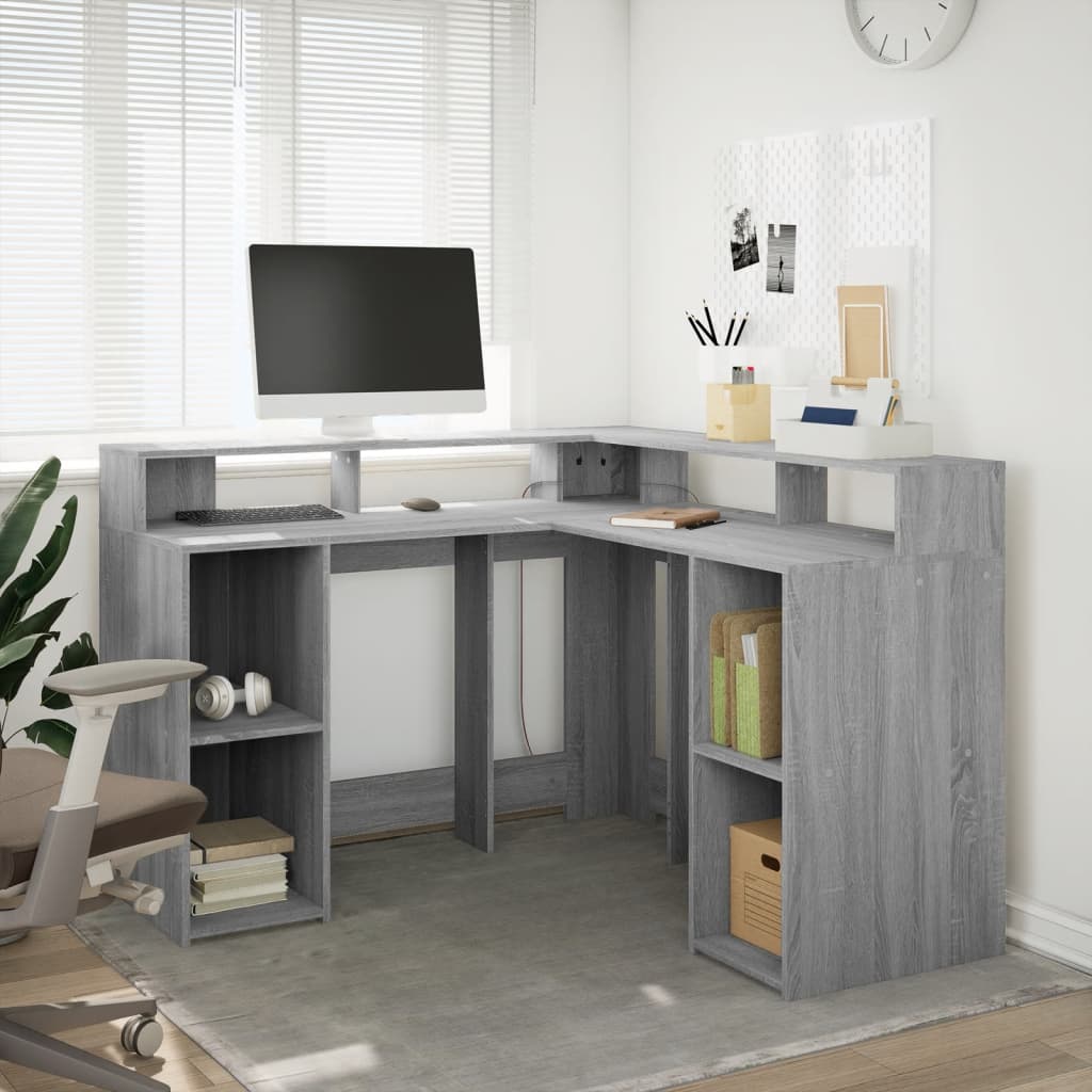 Bureau met LED-verlichting 130x130x91 cm hout grijs sonoma is nu te koop bij PeponiXL, paradijselijk wonen!