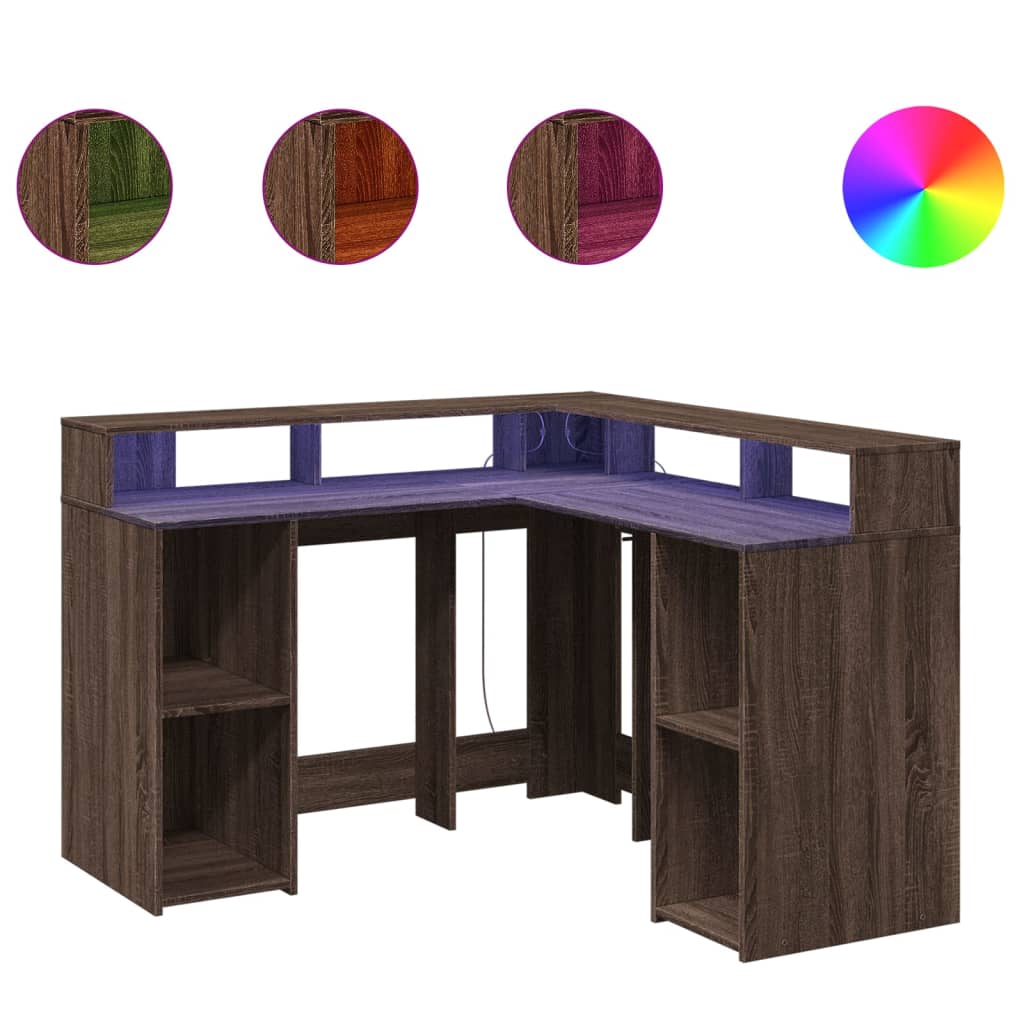 Bureau met LED-verlichting 130x130x91 cm hout bruin eikenkleur is nu te koop bij PeponiXL, paradijselijk wonen!