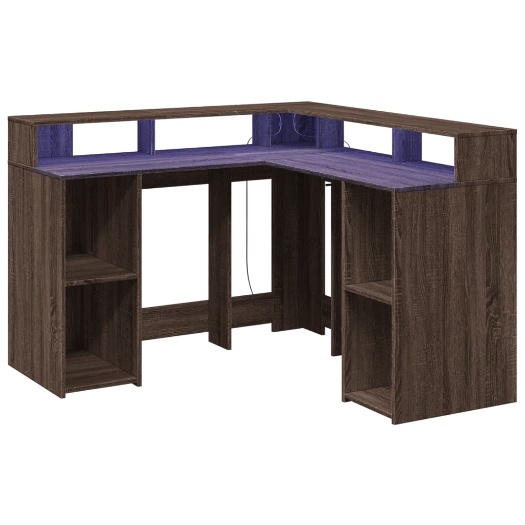 Bureau met LED-verlichting 130x130x91 cm hout bruin eikenkleur is nu te koop bij PeponiXL, paradijselijk wonen!