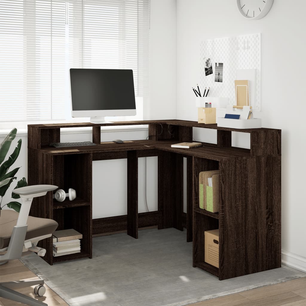 Bureau met LED-verlichting 130x130x91 cm hout bruin eikenkleur is nu te koop bij PeponiXL, paradijselijk wonen!