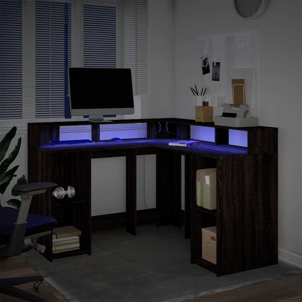 Bureau met LED-verlichting 130x130x91 cm hout bruin eikenkleur is nu te koop bij PeponiXL, paradijselijk wonen!