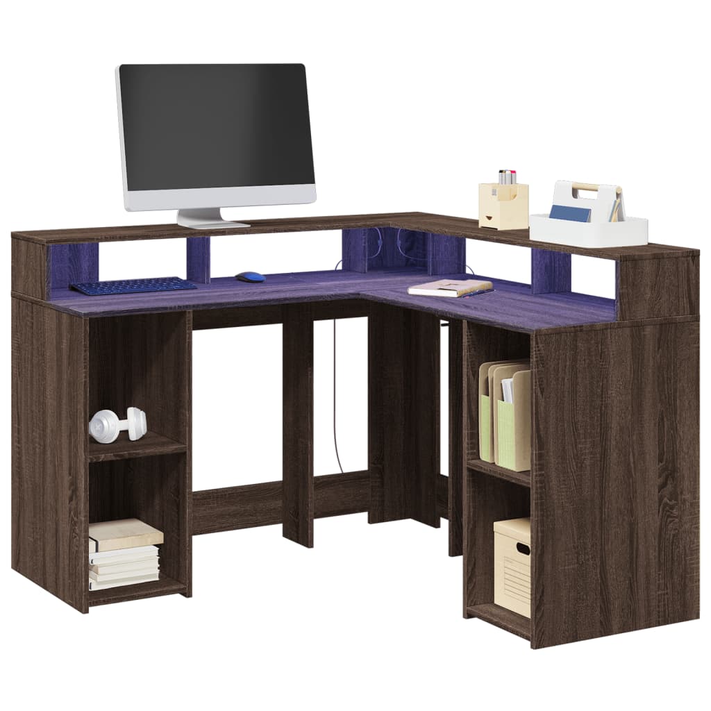 Bureau met LED-verlichting 130x130x91 cm hout bruin eikenkleur is nu te koop bij PeponiXL, paradijselijk wonen!