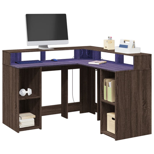 Bureau met LED-verlichting 130x130x91 cm hout bruin eikenkleur is nu te koop bij PeponiXL, paradijselijk wonen!