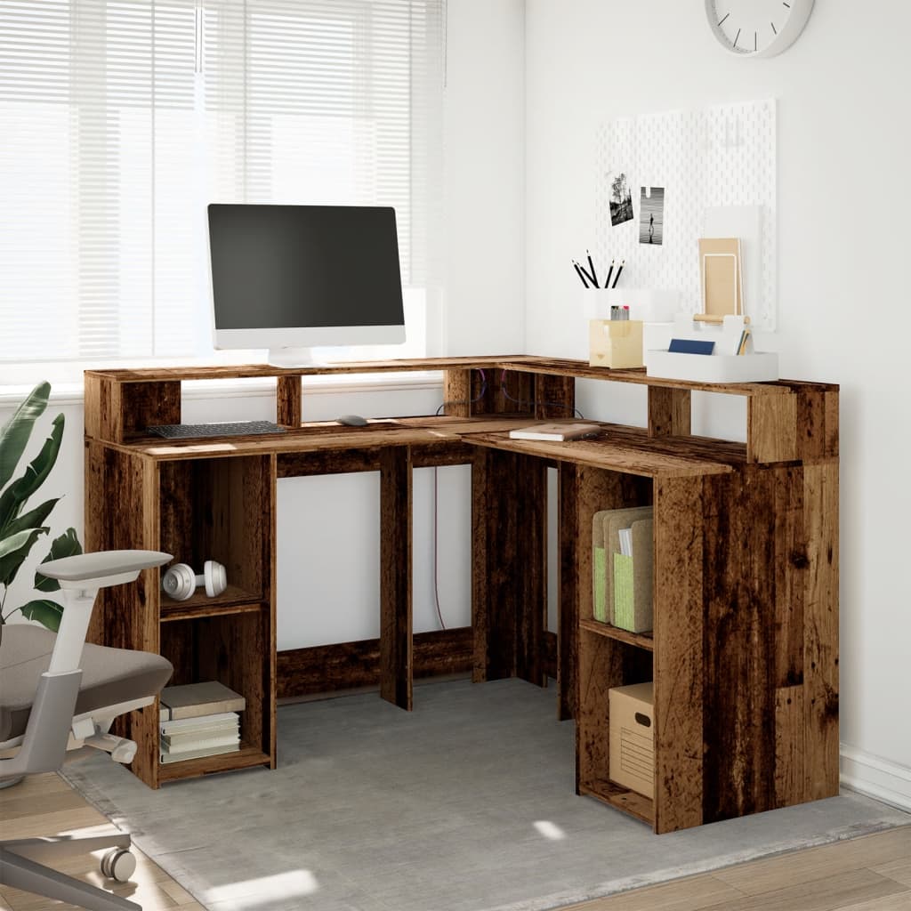 Bureau met LED-verlichting 130x130x91 cm bewerkt hout oud hout is nu te koop bij PeponiXL, paradijselijk wonen!