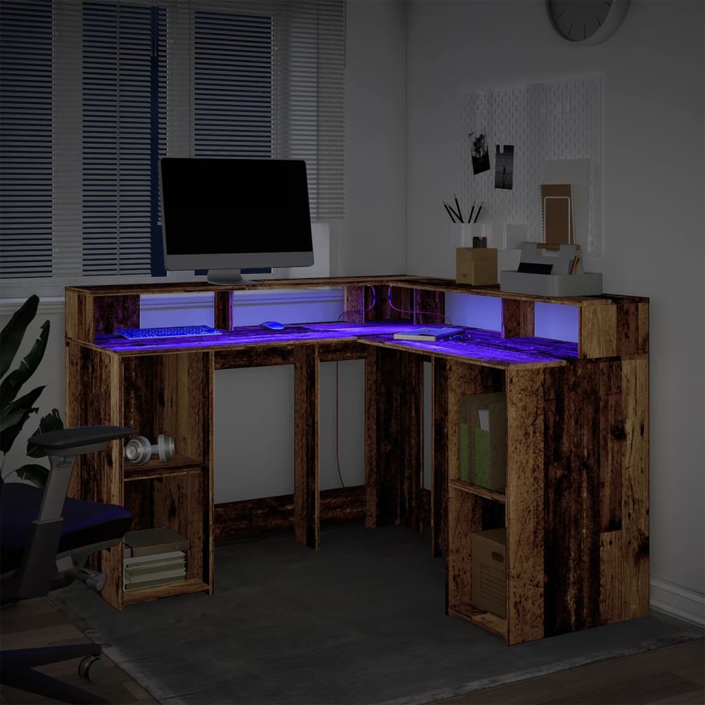 Bureau met LED-verlichting 130x130x91 cm bewerkt hout oud hout is nu te koop bij PeponiXL, paradijselijk wonen!