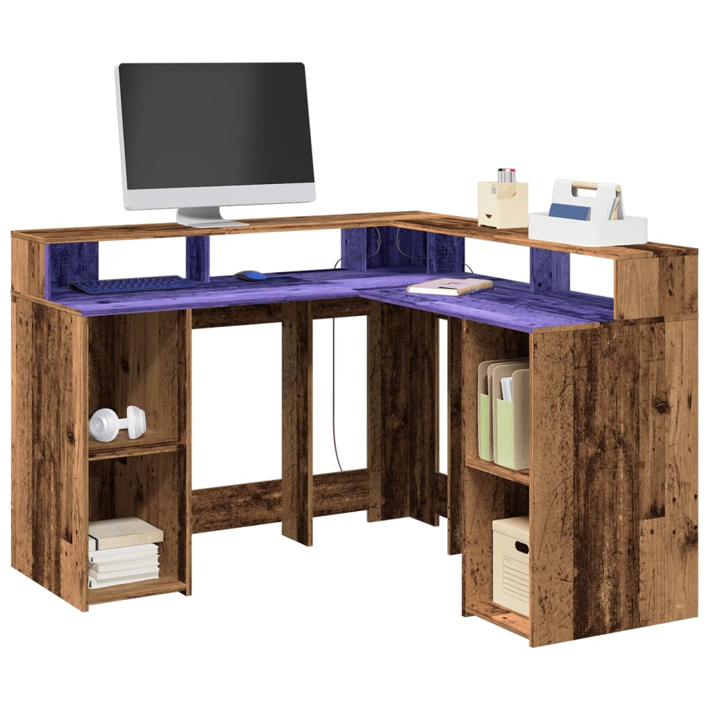 Bureau met LED-verlichting 130x130x91 cm bewerkt hout oud hout is nu te koop bij PeponiXL, paradijselijk wonen!