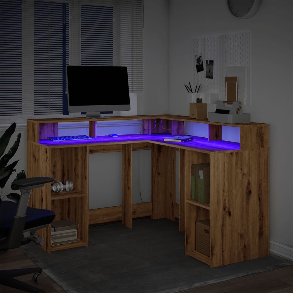 Bureau met LED-verlichting 130x130x91 cm hout artisanaal eiken is nu te koop bij PeponiXL, paradijselijk wonen!