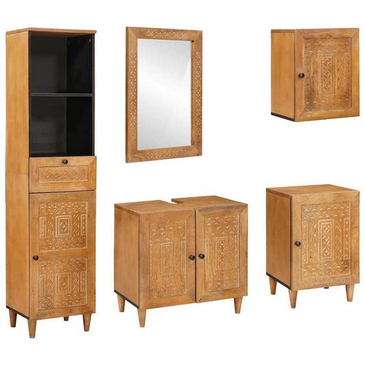 Badkamermeubelset met lade met plank 5 pcs Bruin Bewerkt hout is nu te koop bij PeponiXL, paradijselijk wonen!