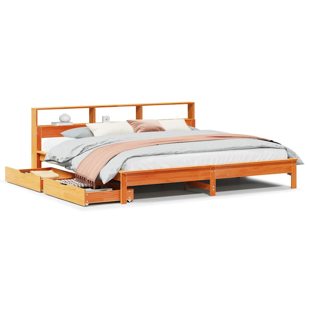 Bed met boekenkast zonder matras grenenhout wasbruin 200x200 cm is nu te koop bij PeponiXL, paradijselijk wonen!