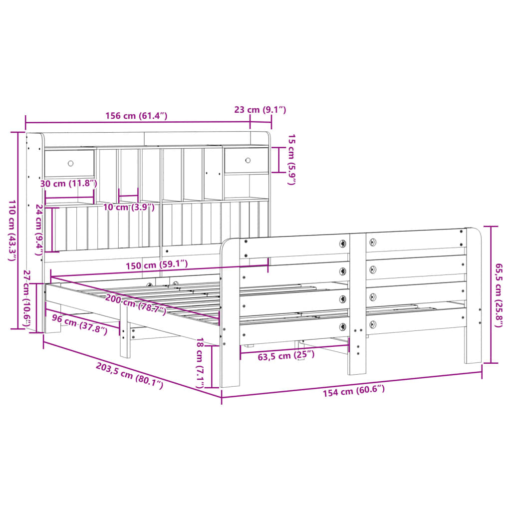 Bed met boekenkast zonder matras grenenhout wit 150x200 cm is nu te koop bij PeponiXL, paradijselijk wonen!