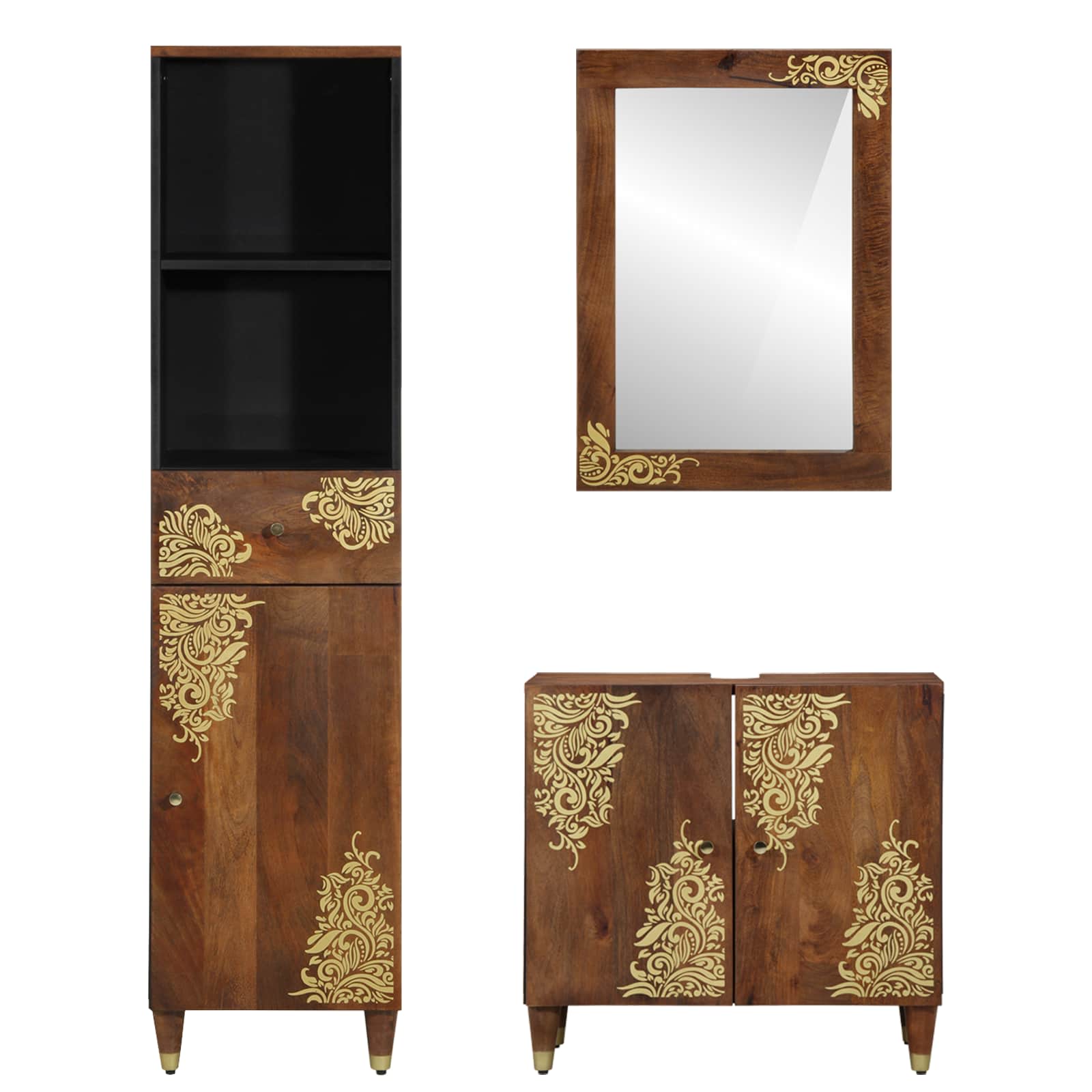Badkamerkastenset met lade 3 pcs Honingbruin Massief Mango Hout is nu te koop bij PeponiXL, paradijselijk wonen!