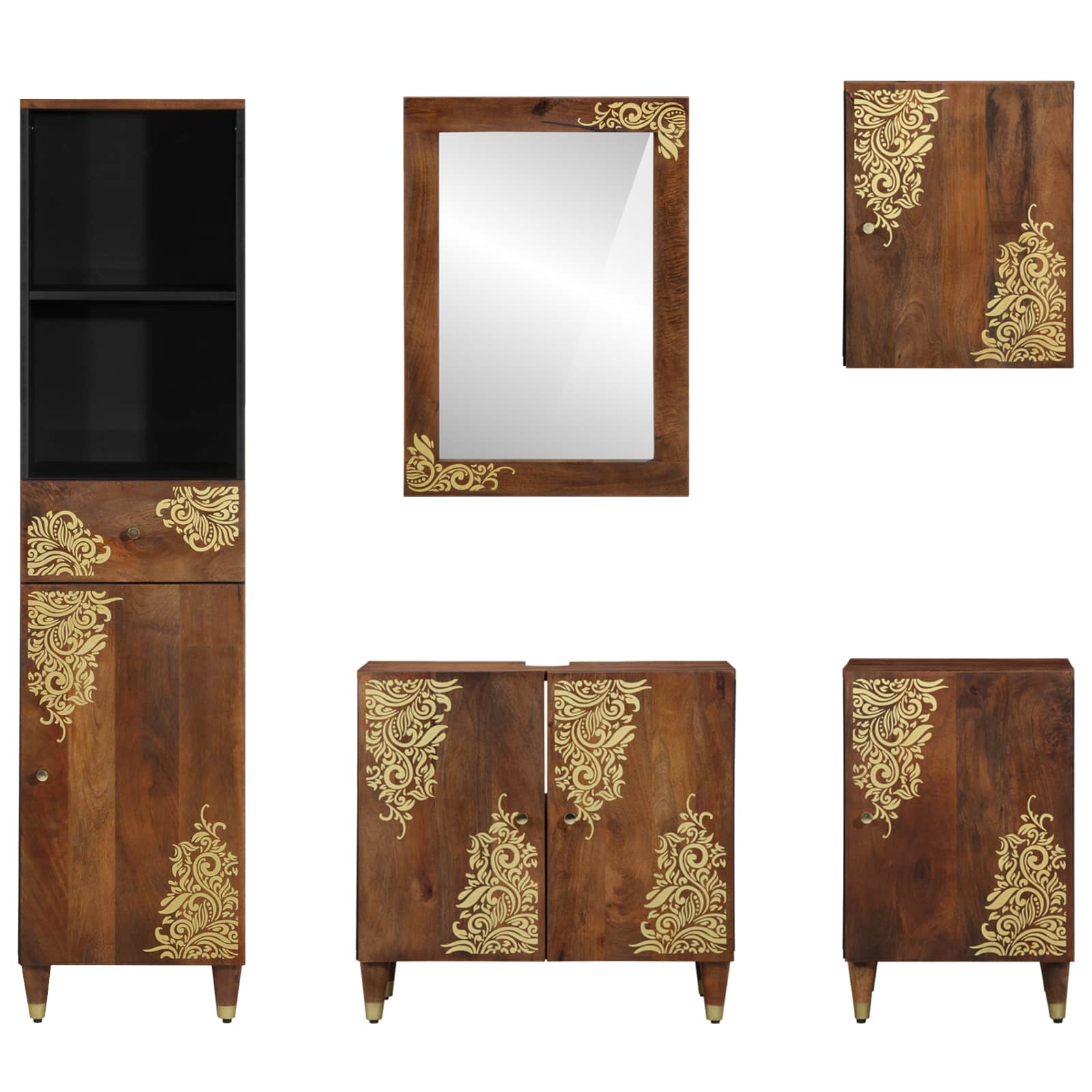 Badkamerkastenset met lade 5 pcs Honingbruin Massief Mango Hout is nu te koop bij PeponiXL, paradijselijk wonen!
