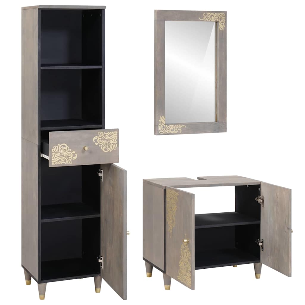 Badkamerkastenset met lade 3 pcs Grijs Massief Mango Hout is nu te koop bij PeponiXL, paradijselijk wonen!