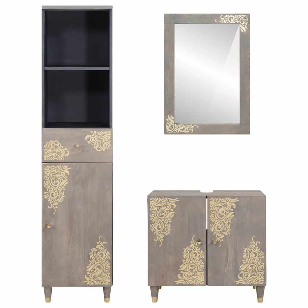 Badkamerkastenset met lade 3 pcs Grijs Massief Mango Hout is nu te koop bij PeponiXL, paradijselijk wonen!