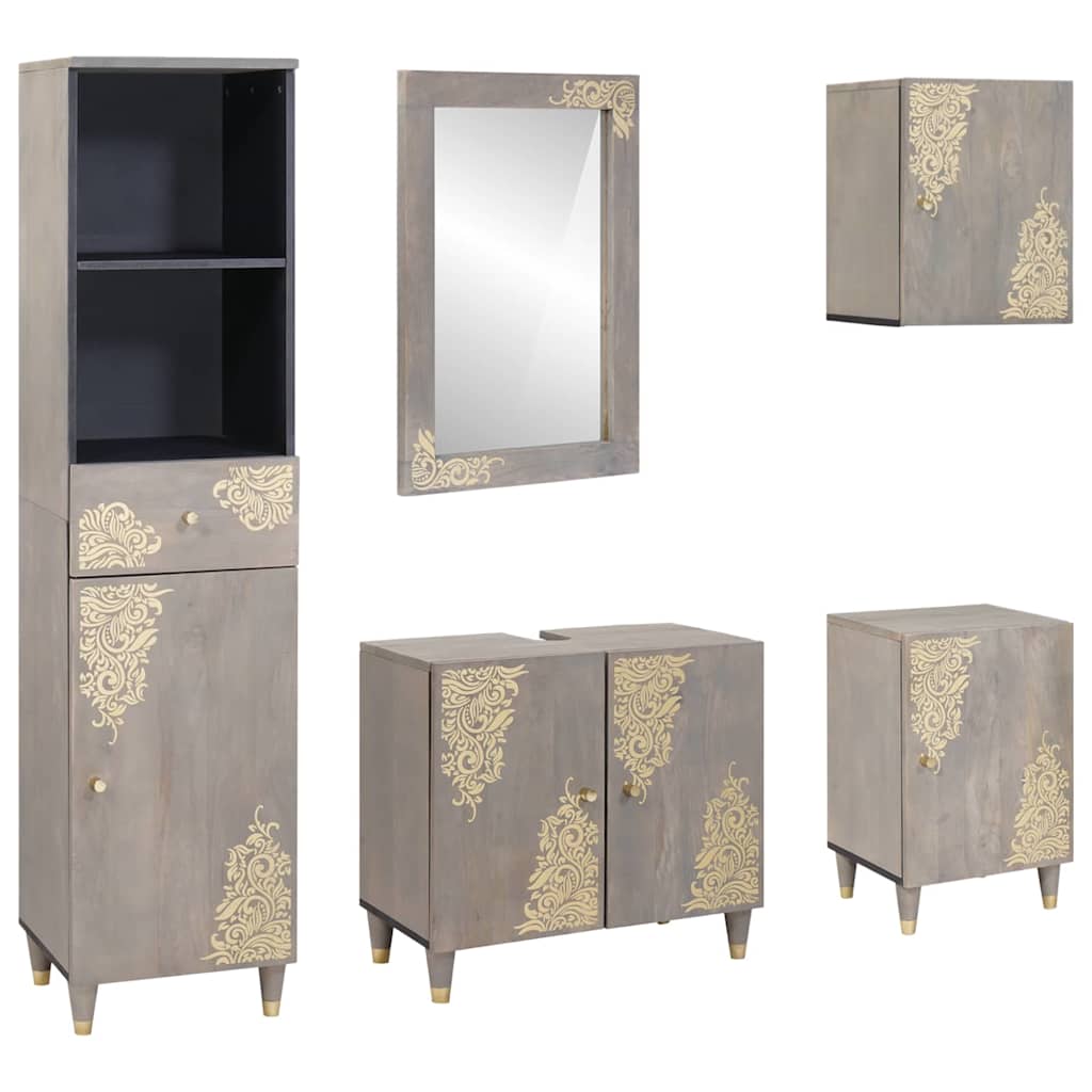 Badkamerkastenset met lade 5 pcs Grijs Massief Mango Hout is nu te koop bij PeponiXL, paradijselijk wonen!