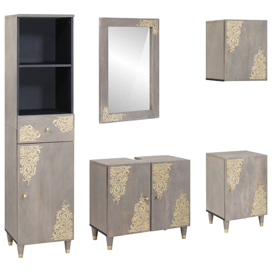 Badkamerkastenset met lade 5 pcs Grijs Massief Mango Hout is nu te koop bij PeponiXL, paradijselijk wonen!