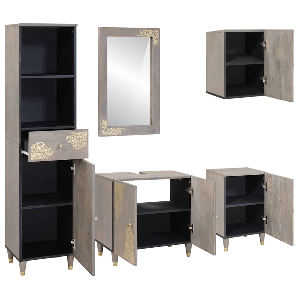 Badkamerkastenset met lade 5 pcs Grijs Massief Mango Hout is nu te koop bij PeponiXL, paradijselijk wonen!