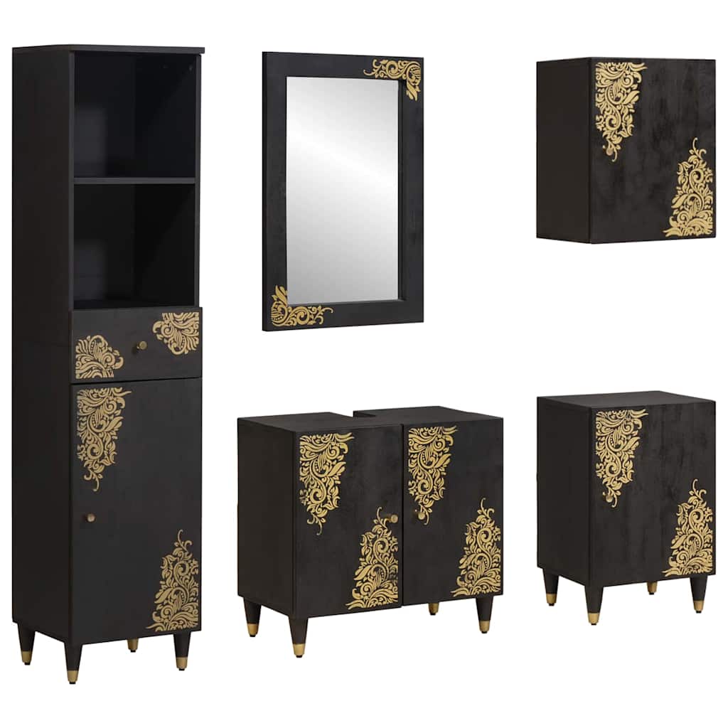 Badkamerkastenset met lade 5 pcs Zwart Massief Mango Hout is nu te koop bij PeponiXL, paradijselijk wonen!