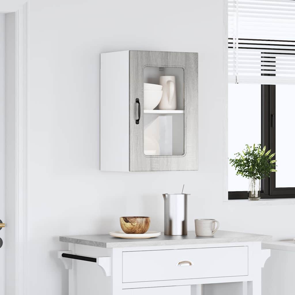 Keukenbovenkast met glazen deur Kalmar bewerkt hout grijs sonoma eiken is nu te koop bij PeponiXL, paradijselijk wonen!