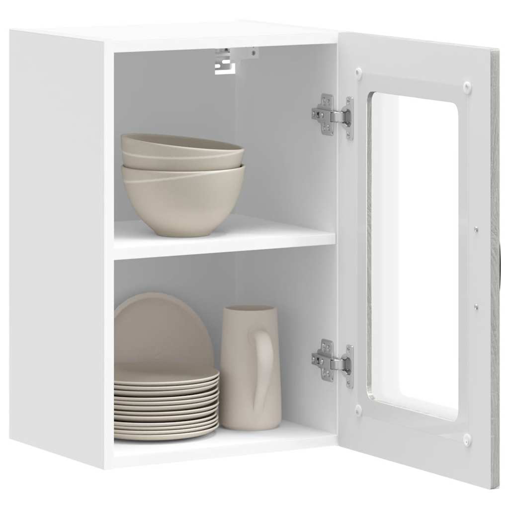 Keukenbovenkast met glazen deur Kalmar bewerkt hout grijs sonoma eiken is nu te koop bij PeponiXL, paradijselijk wonen!