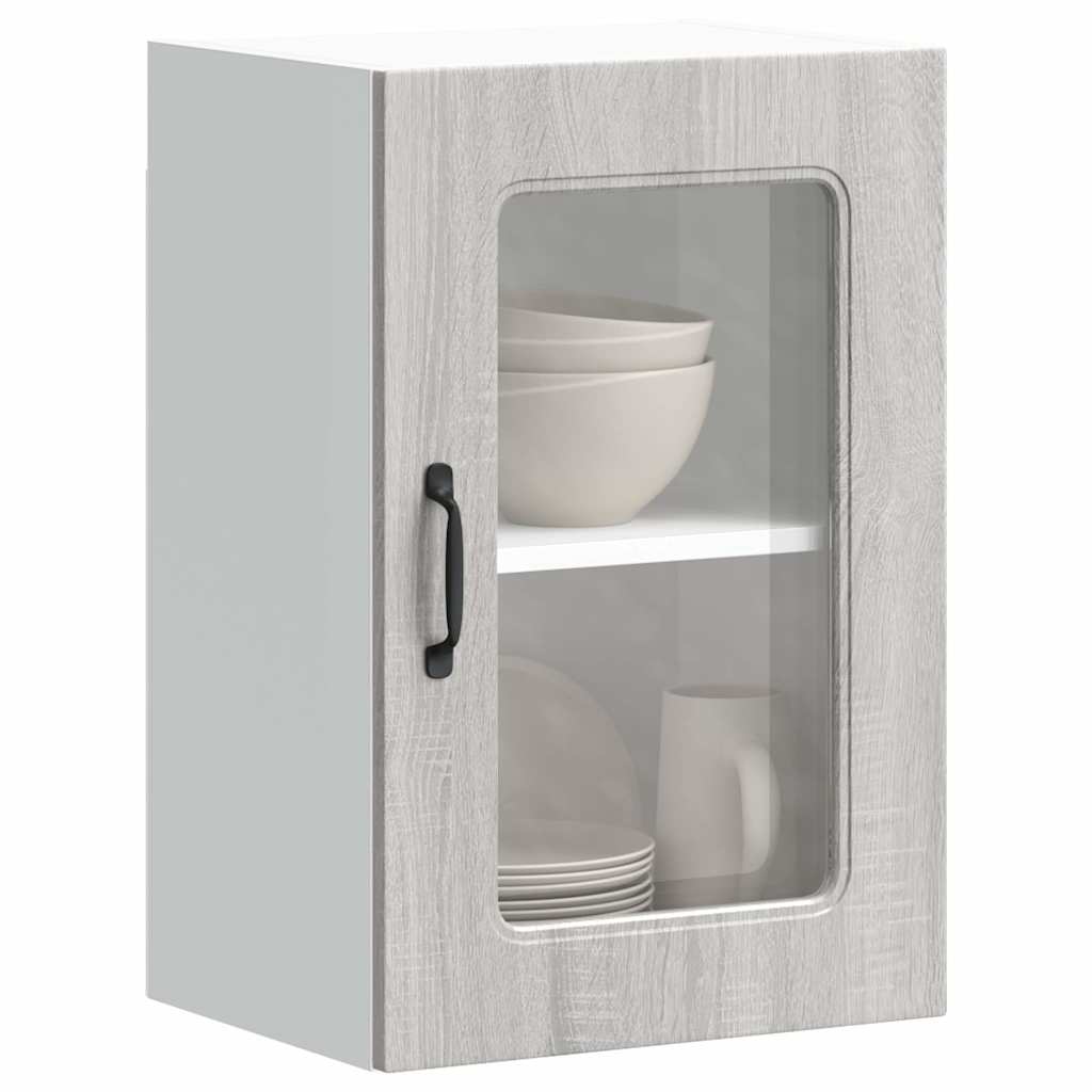 Keukenbovenkast met glazen deur Kalmar bewerkt hout grijs sonoma eiken is nu te koop bij PeponiXL, paradijselijk wonen!