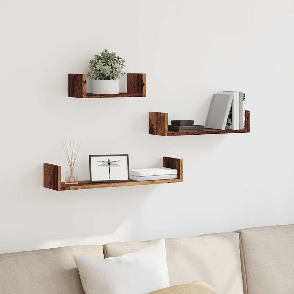 Wandschappen 3 st bewerkt hout oud houtkleurig is nu te koop bij PeponiXL, paradijselijk wonen!