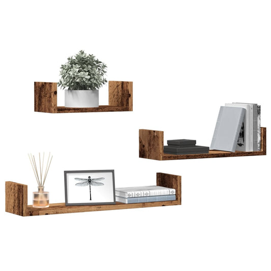 Wandschappen 3 st bewerkt hout oud houtkleurig is nu te koop bij PeponiXL, paradijselijk wonen!