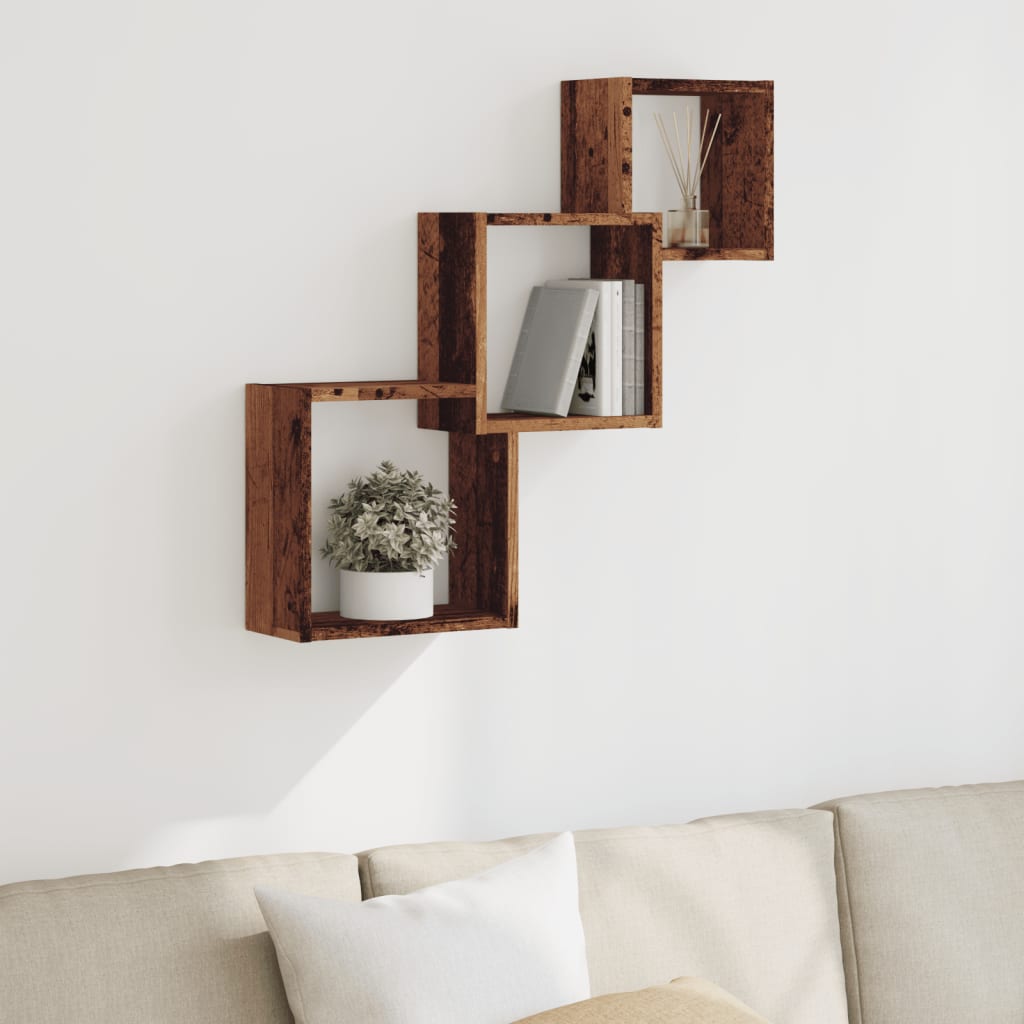 Wandplanken kubus 68x15x68 cm bewerkt hout oud houtkleurig is nu te koop bij PeponiXL, paradijselijk wonen!